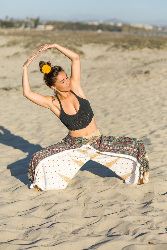 Feather Design Open Leg Pants in White-The High Thai-The High Thai-Yoga Pants-Harem Pants-Hippie Clothing-San Diego