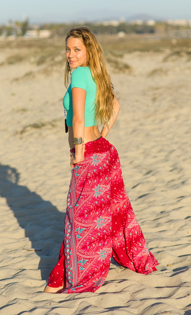 Feather Design Open Leg Pants in Pink-The High Thai-The High Thai-Yoga Pants-Harem Pants-Hippie Clothing-San Diego