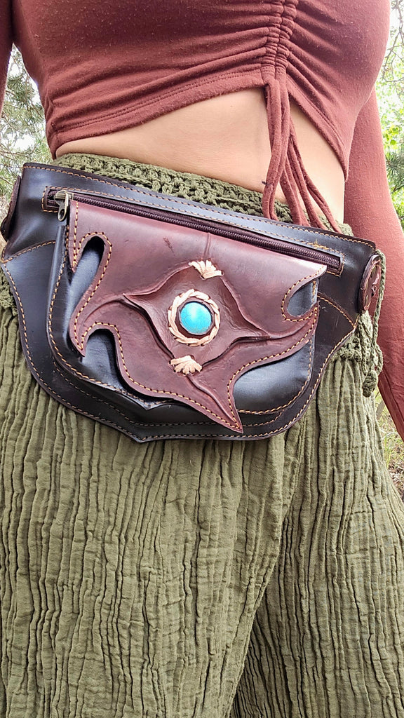 Leather Belt Bag with Turquoise Stone - 4 Pocket Fanny Pack-The High Thai-The High Thai-Yoga Pants-Harem Pants-Hippie Clothing-San Diego
