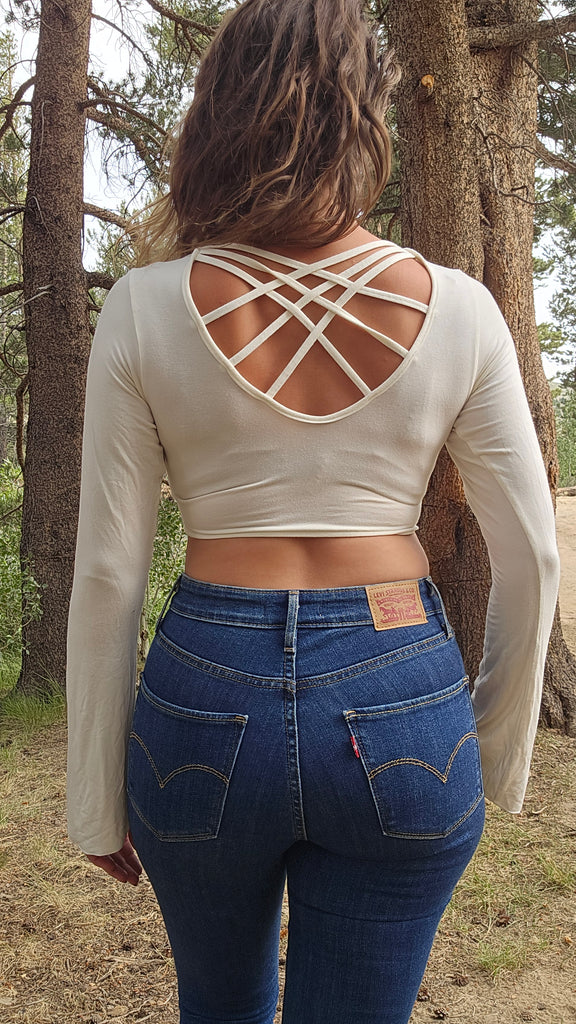 White Bell Sleeve Crop Top with Strappy Criss Cross Back