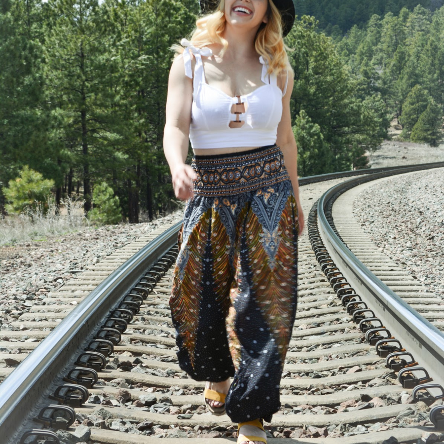 Feather Design Straight Leg Harem Pants in Black and Gold-The High Thai-The High Thai-Yoga Pants-Harem Pants-Hippie Clothing-San Diego