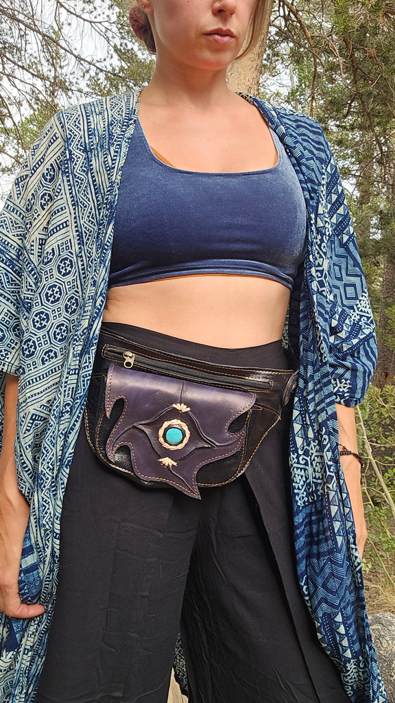 Leather Belt Bag with Turquoise Stone - 4 Pocket Fanny Pack-The High Thai-The High Thai-Yoga Pants-Harem Pants-Hippie Clothing-San Diego