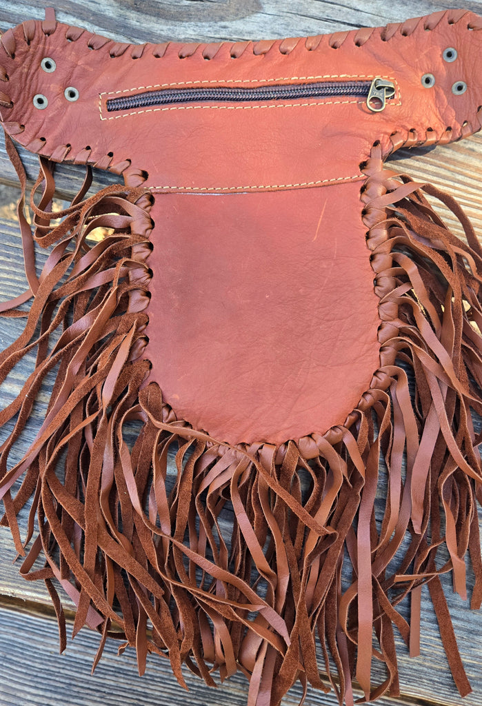 Leather Fringe Belt Bag with 3 Pockets – Western Hip Pouch Utility Belt in Black & Brown – Genuine Leather