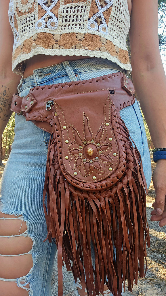 Leather Fringe Belt Bag with 3 Pockets – Western Hip Pouch Utility Belt in Black & Brown – Genuine Leather