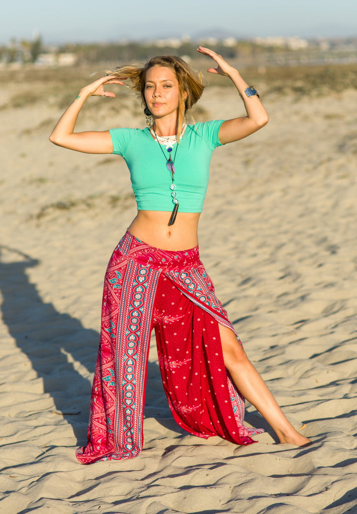 Feather Design Open Leg Pants in Pink-The High Thai-The High Thai-Yoga Pants-Harem Pants-Hippie Clothing-San Diego