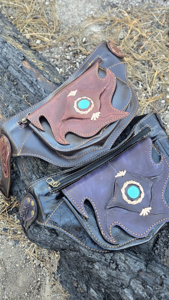 Leather Belt Bag with Turquoise Stone - 4 Pocket Fanny Pack-The High Thai-The High Thai-Yoga Pants-Harem Pants-Hippie Clothing-San Diego