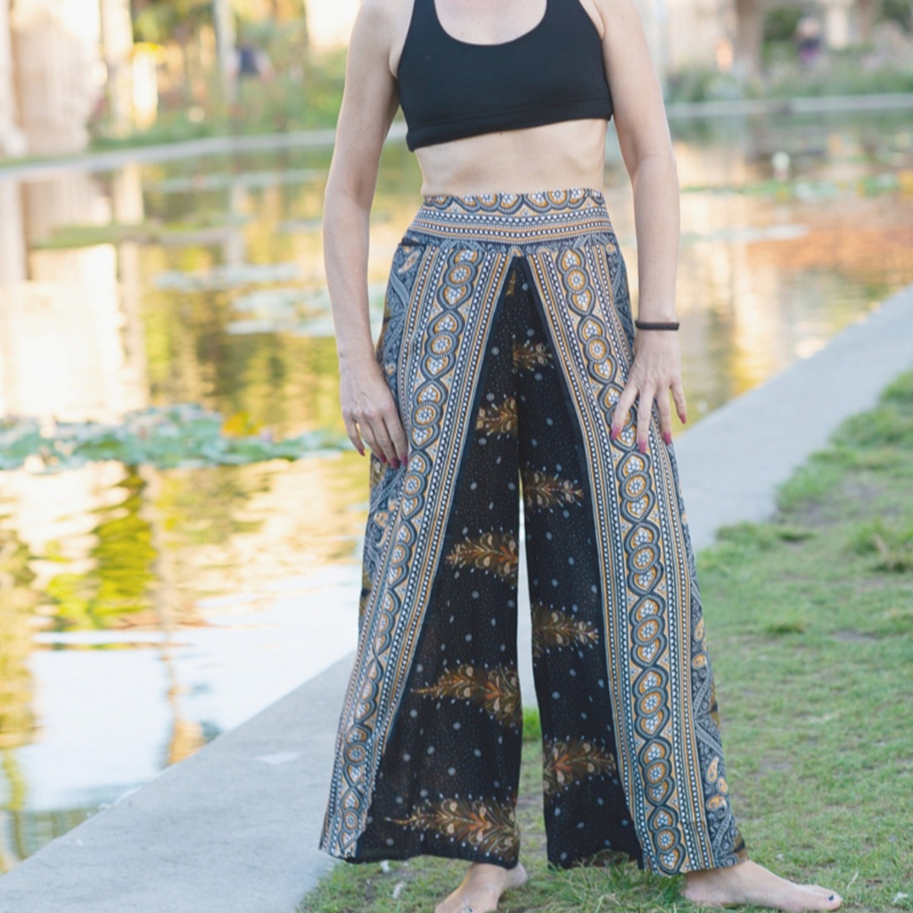 Black and Gold Feather Design Open Leg Pants-The High Thai-The High Thai-Yoga Pants-Harem Pants-Hippie Clothing-San Diego