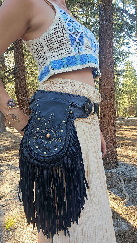 Leather Fringe Belt Bag with 3 Pockets – Western Hip Pouch Utility Belt in Black & Brown – Genuine Leather