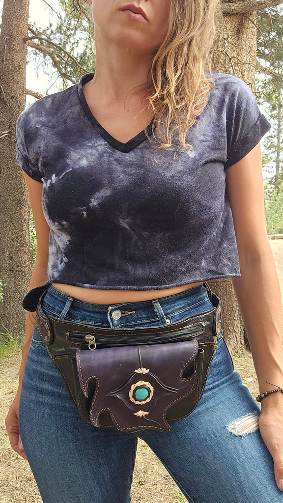 Leather Belt Bag with Turquoise Stone - 4 Pocket Fanny Pack-The High Thai-The High Thai-Yoga Pants-Harem Pants-Hippie Clothing-San Diego
