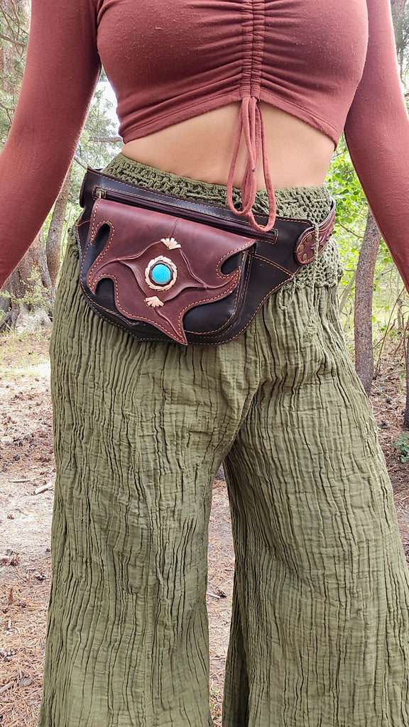 Leather Belt Bag with Turquoise Stone - 4 Pocket Fanny Pack-The High Thai-The High Thai-Yoga Pants-Harem Pants-Hippie Clothing-San Diego