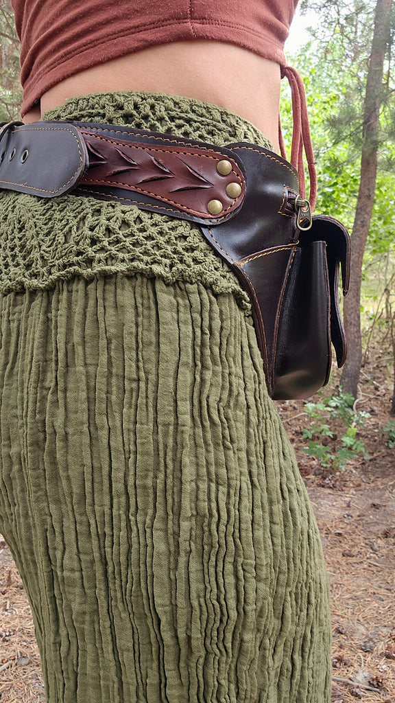 Leather Belt Bag with Turquoise Stone - 4 Pocket Fanny Pack-The High Thai-The High Thai-Yoga Pants-Harem Pants-Hippie Clothing-San Diego