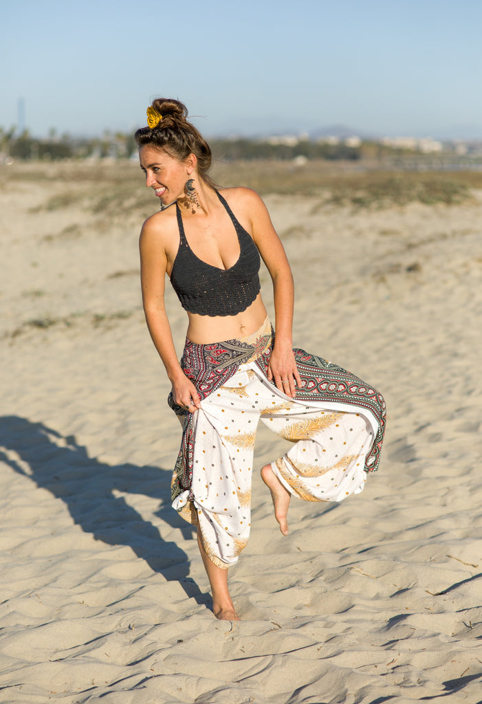 Feather Design Open Leg Pants in White-The High Thai-The High Thai-Yoga Pants-Harem Pants-Hippie Clothing-San Diego