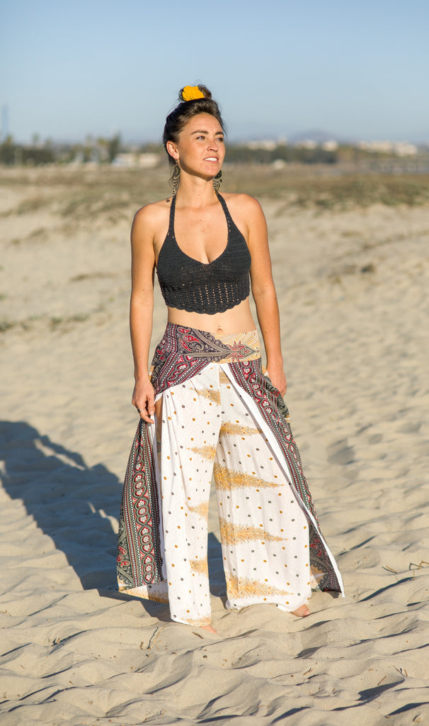 Feather Design Open Leg Pants in White-The High Thai-The High Thai-Yoga Pants-Harem Pants-Hippie Clothing-San Diego