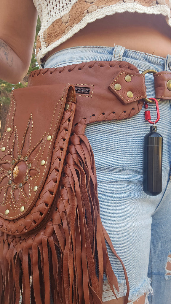 Leather Fringe Belt Bag with 3 Pockets – Western Hip Pouch Utility Belt in Black & Brown – Genuine Leather