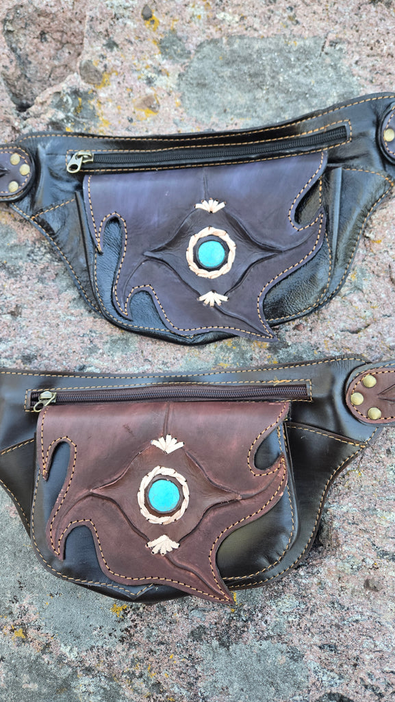 Leather Belt Bag with Turquoise Stone - 4 Pocket Fanny Pack-The High Thai-The High Thai-Yoga Pants-Harem Pants-Hippie Clothing-San Diego