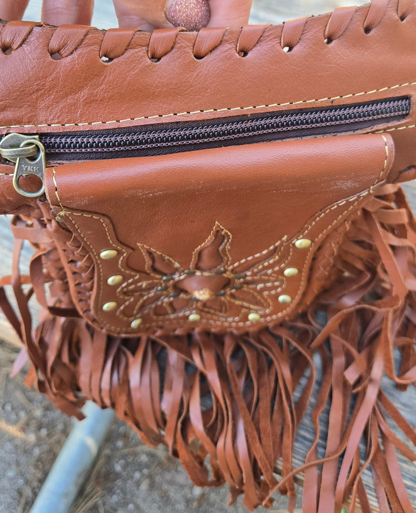 Leather Fringe Belt Bag with 3 Pockets – Western Hip Pouch Utility Belt in Black & Brown – Genuine Leather
