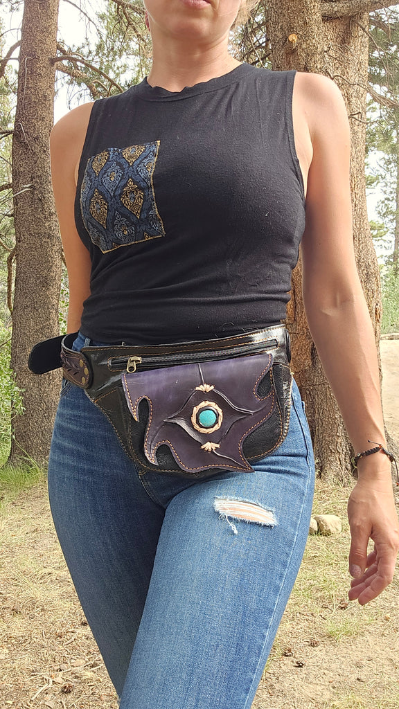 Leather Belt Bag with Turquoise Stone - 4 Pocket Fanny Pack-The High Thai-The High Thai-Yoga Pants-Harem Pants-Hippie Clothing-San Diego