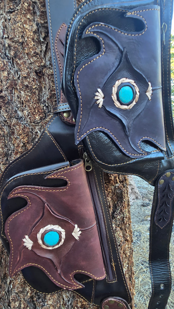 Leather Belt Bag with Turquoise Stone - 4 Pocket Fanny Pack-The High Thai-The High Thai-Yoga Pants-Harem Pants-Hippie Clothing-San Diego