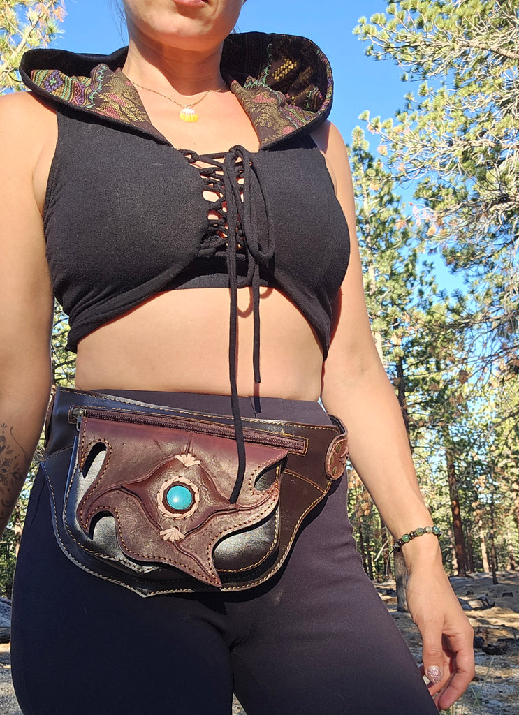 Leather Belt Bag with Turquoise Stone - 4 Pocket Fanny Pack-The High Thai-The High Thai-Yoga Pants-Harem Pants-Hippie Clothing-San Diego