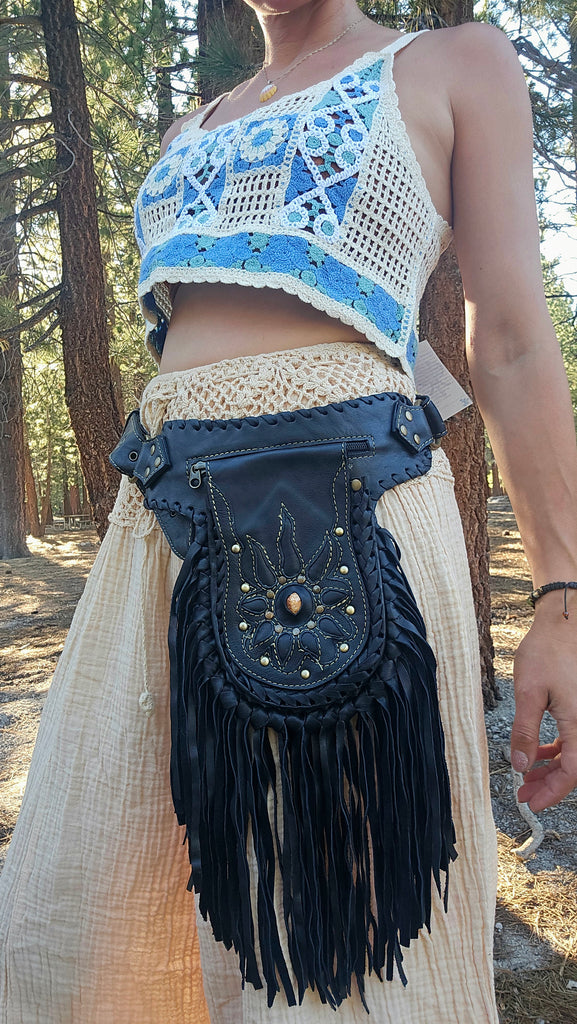 Leather Fringe Belt Bag with 3 Pockets – Western Hip Pouch Utility Belt in Black & Brown – Genuine Leather