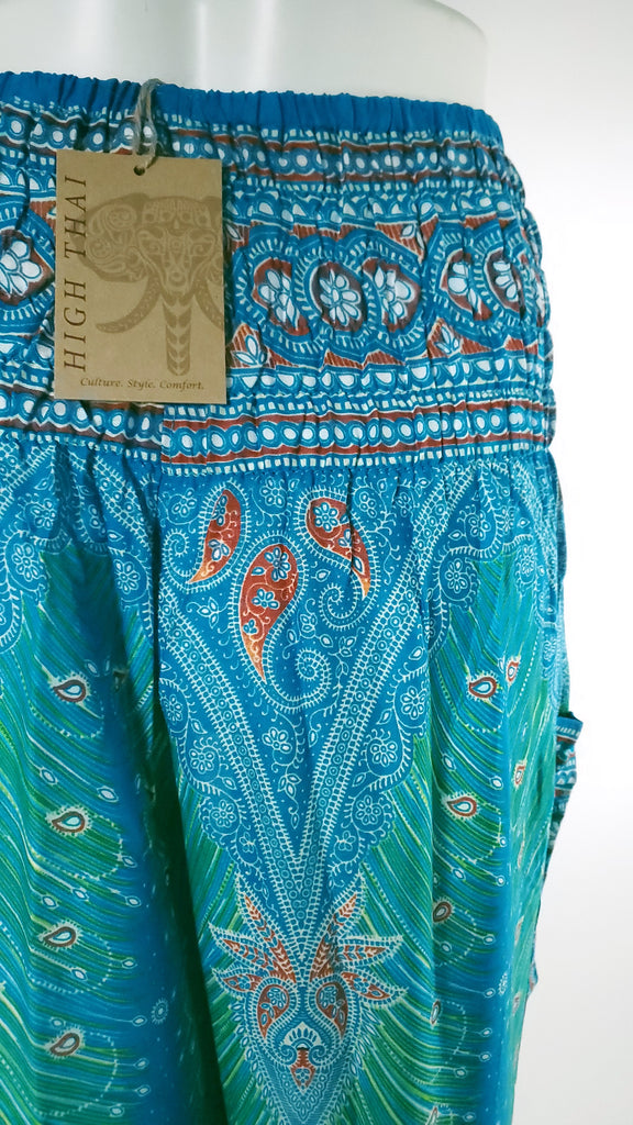 Feather Design Straight Leg Harem Pants in Blue-The High Thai-The High Thai-Yoga Pants-Harem Pants-Hippie Clothing-San Diego