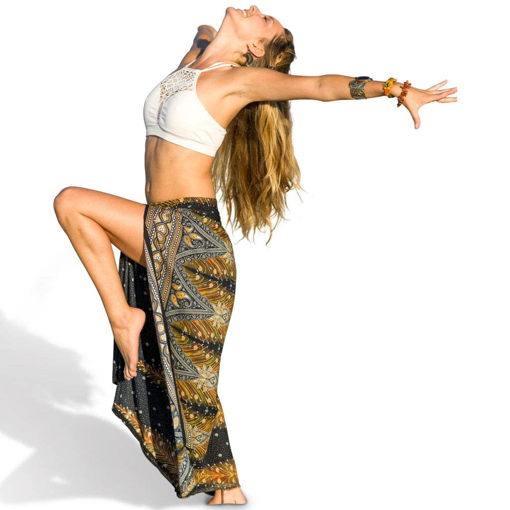 Black and Gold Feather Design Open Leg Pants-The High Thai-The High Thai-Yoga Pants-Harem Pants-Hippie Clothing-San Diego