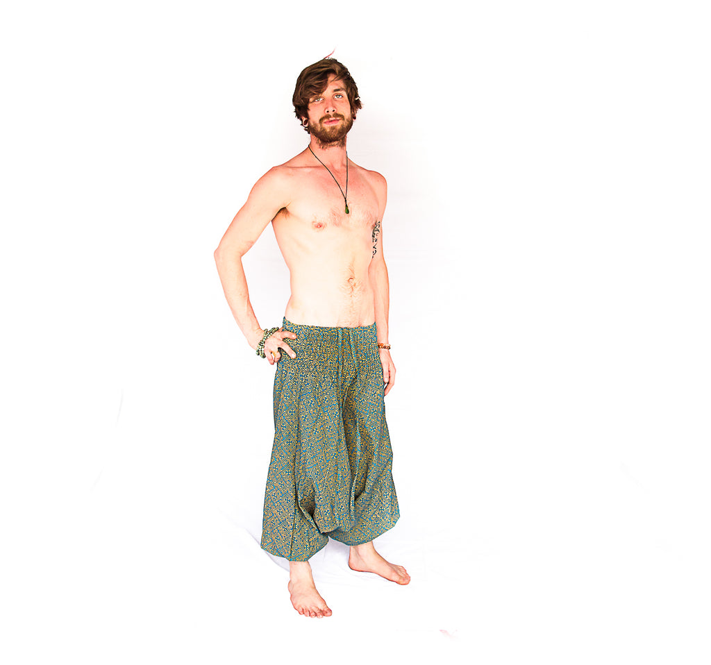 Men's Low Cut Harem Pants in Gold and Turquoise-The High Thai-The High Thai-Yoga Pants-Harem Pants-Hippie Clothing-San Diego