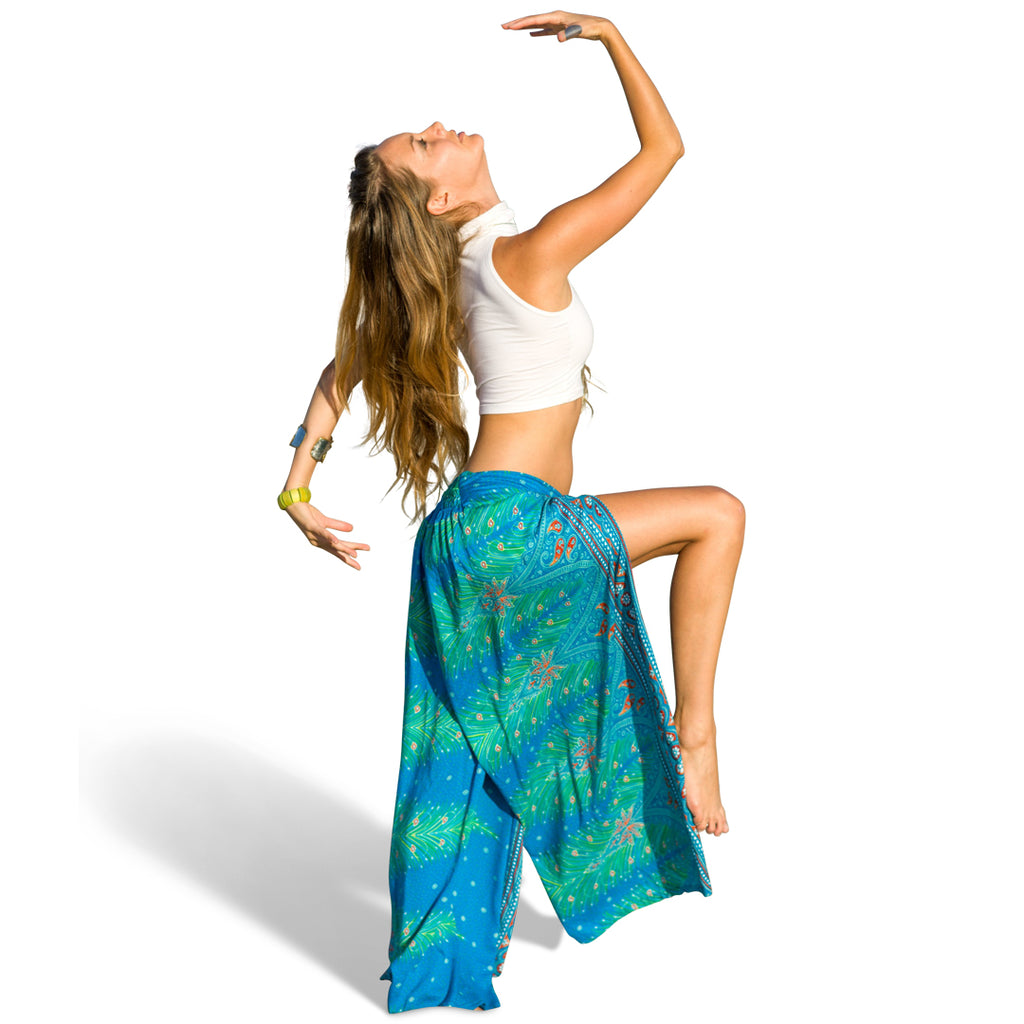 Feather Design Open Leg Pants in Blue-The High Thai-The High Thai-Yoga Pants-Harem Pants-Hippie Clothing-San Diego