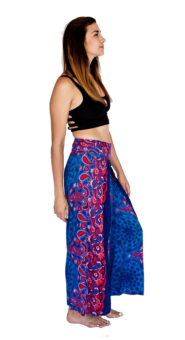 Flower Design Open Leg Pants in Blue-The High Thai-The High Thai-Yoga Pants-Harem Pants-Hippie Clothing-San Diego