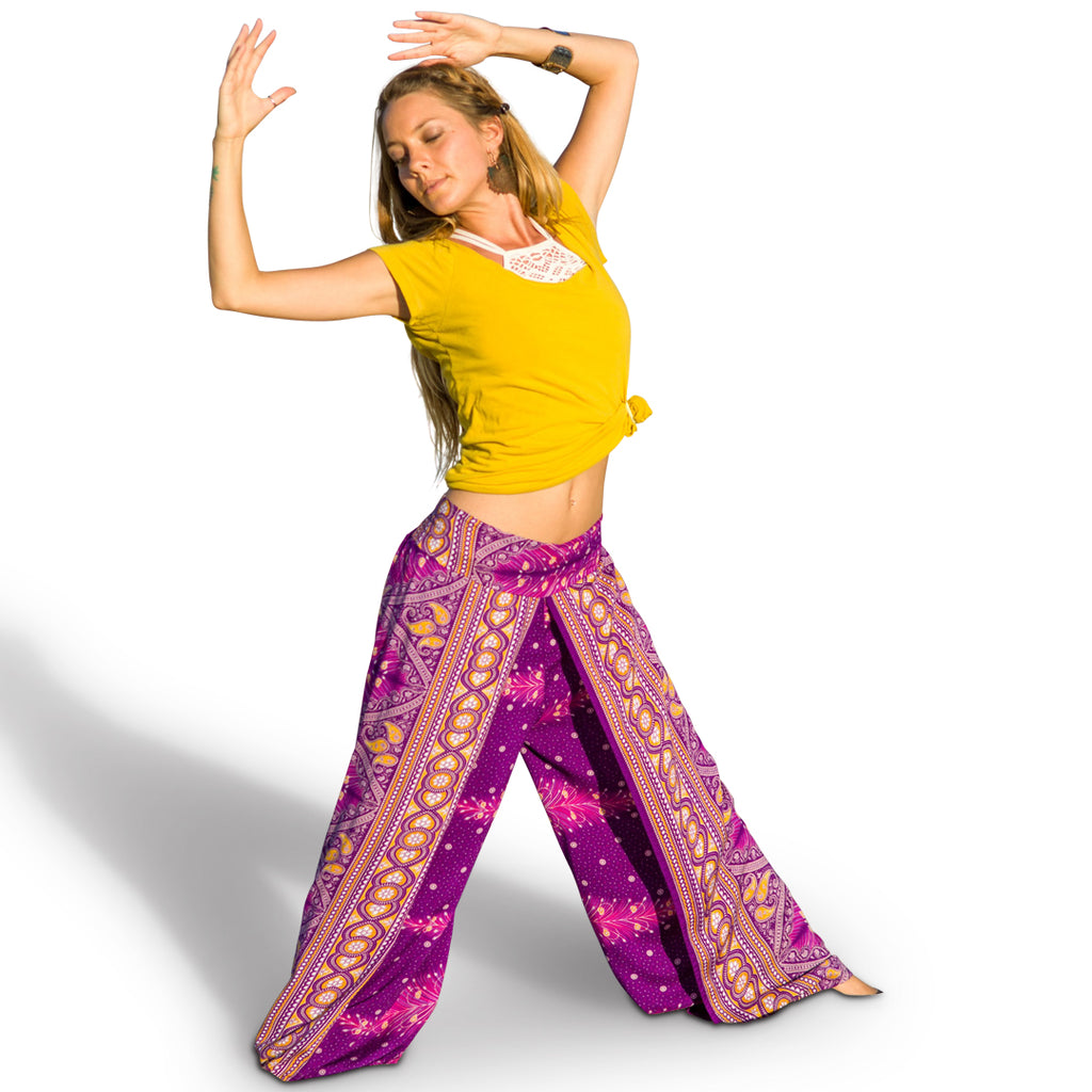 Feather Design Open Leg Pants in Purple-The High Thai-The High Thai-Yoga Pants-Harem Pants-Hippie Clothing-San Diego