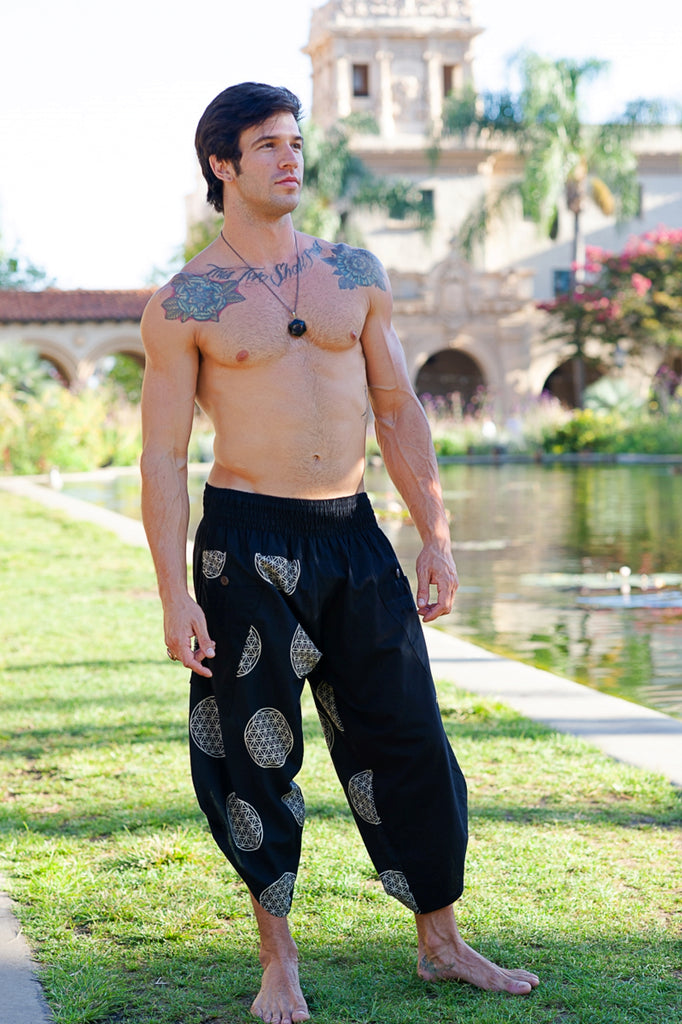 Samurai Elastic Shorts in Sacred Geometry-The High Thai-The High Thai-Yoga Pants-Harem Pants-Hippie Clothing-San Diego