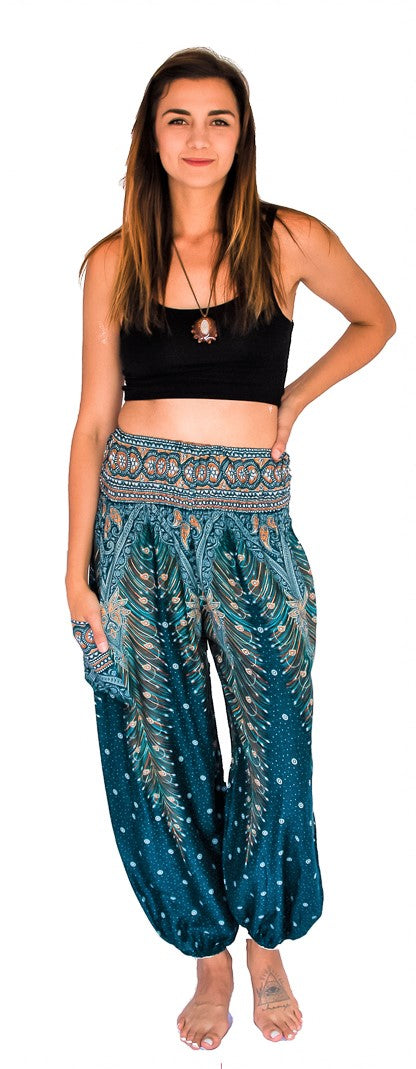 Feather Design Straight Leg Harem Pants in Turquoise-The High Thai-The High Thai-Yoga Pants-Harem Pants-Hippie Clothing-San Diego