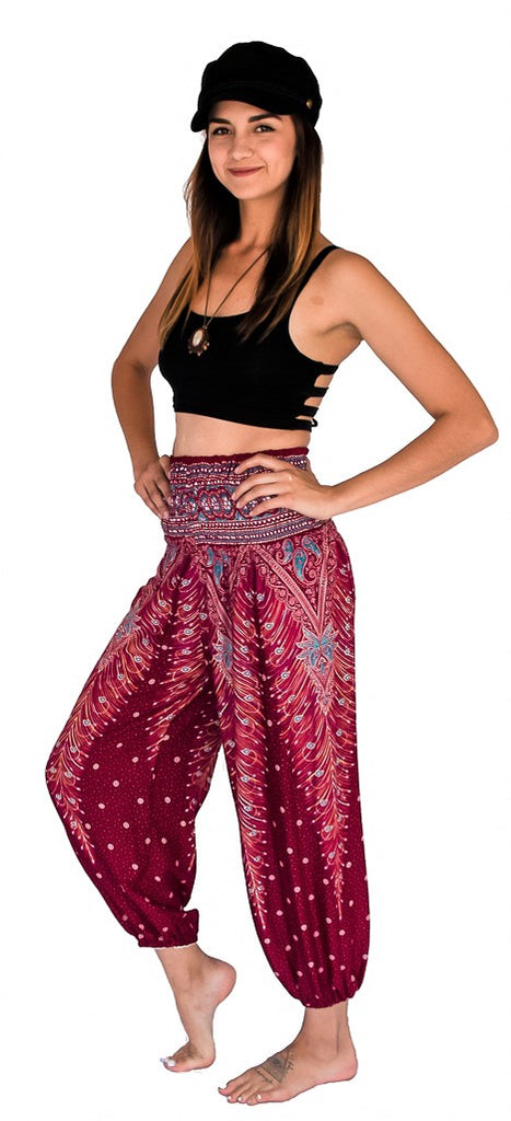 Feather Design Straight Leg Harem Pants in Red-The High Thai-The High Thai-Yoga Pants-Harem Pants-Hippie Clothing-San Diego