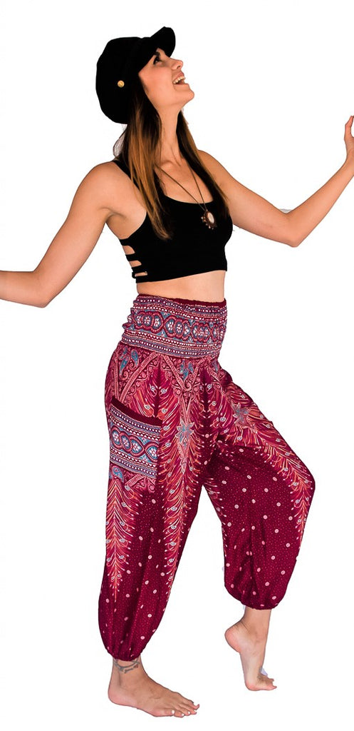 Feather Design Straight Leg Harem Pants in Red-The High Thai-The High Thai-Yoga Pants-Harem Pants-Hippie Clothing-San Diego