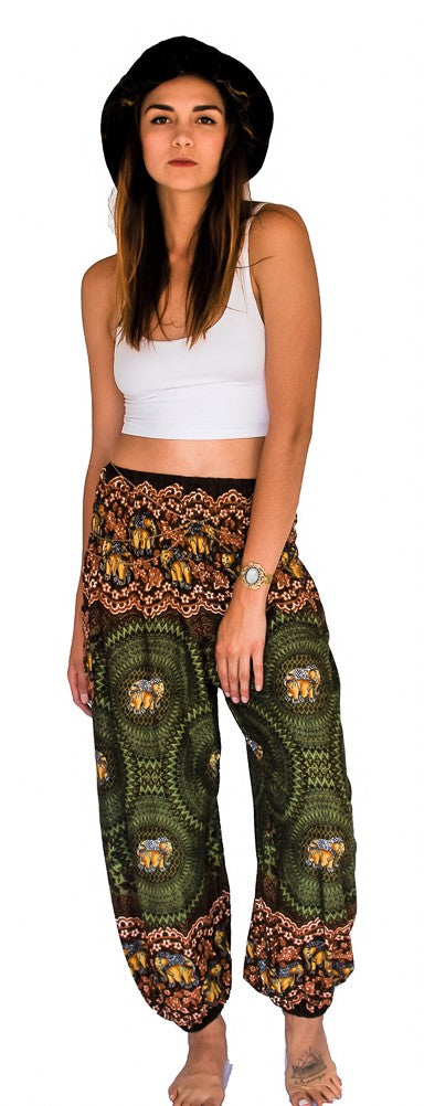 Elephant Design Straight Leg Harem Pants in Green-The High Thai-The High Thai-Yoga Pants-Harem Pants-Hippie Clothing-San Diego