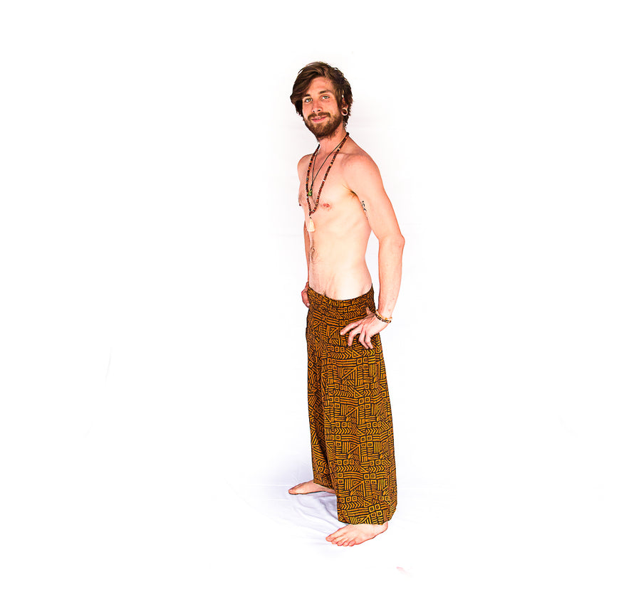 Men's Low Cut Harem Pants in Tribal Brown-The High Thai-The High Thai-Yoga Pants-Harem Pants-Hippie Clothing-San Diego