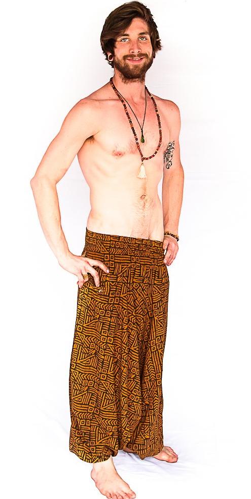 Men's Low Cut Harem Pants in Tribal Brown-The High Thai-The High Thai-Yoga Pants-Harem Pants-Hippie Clothing-San Diego