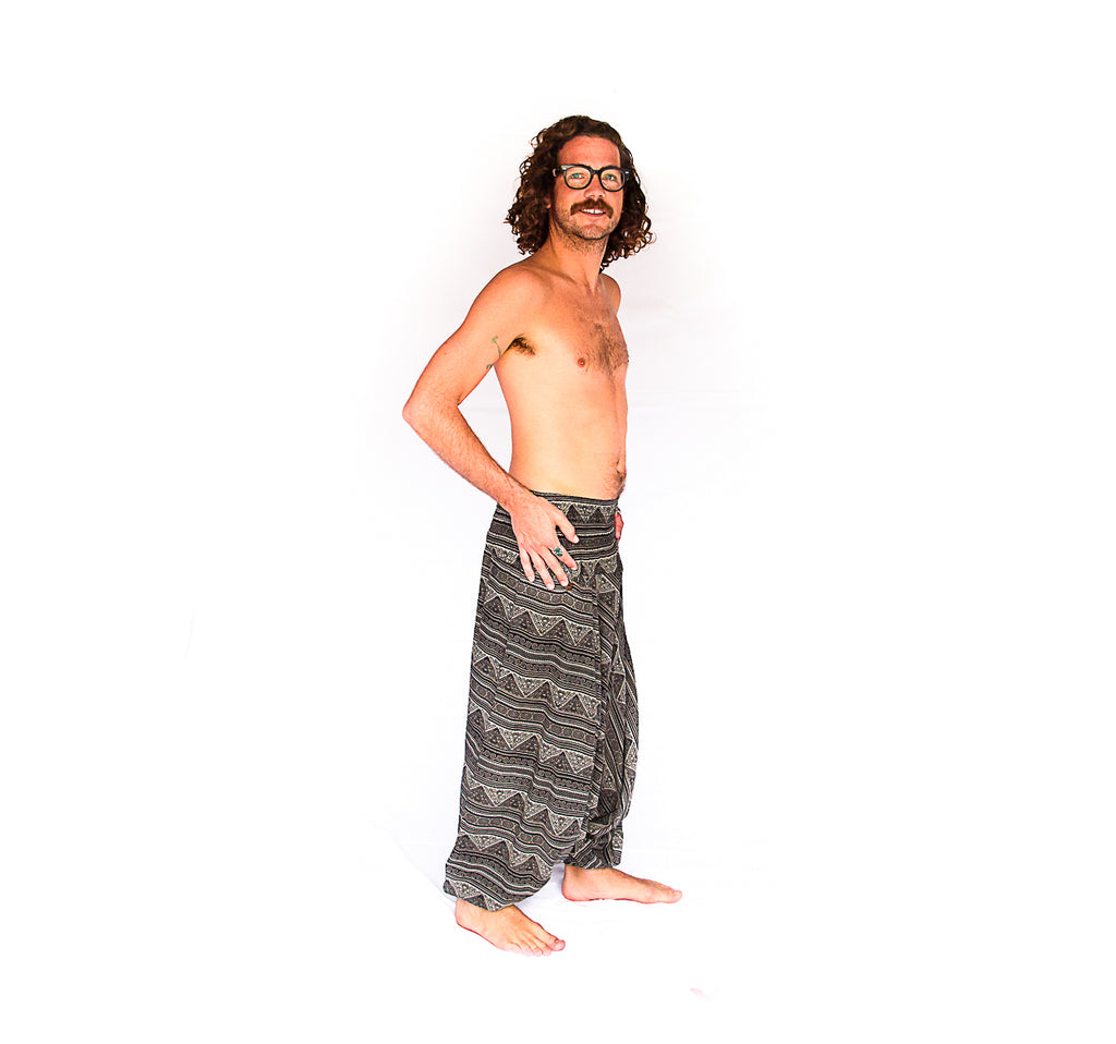 Men's Low Cut Harem Pants in Tribal Grey-The High Thai-The High Thai-Yoga Pants-Harem Pants-Hippie Clothing-San Diego