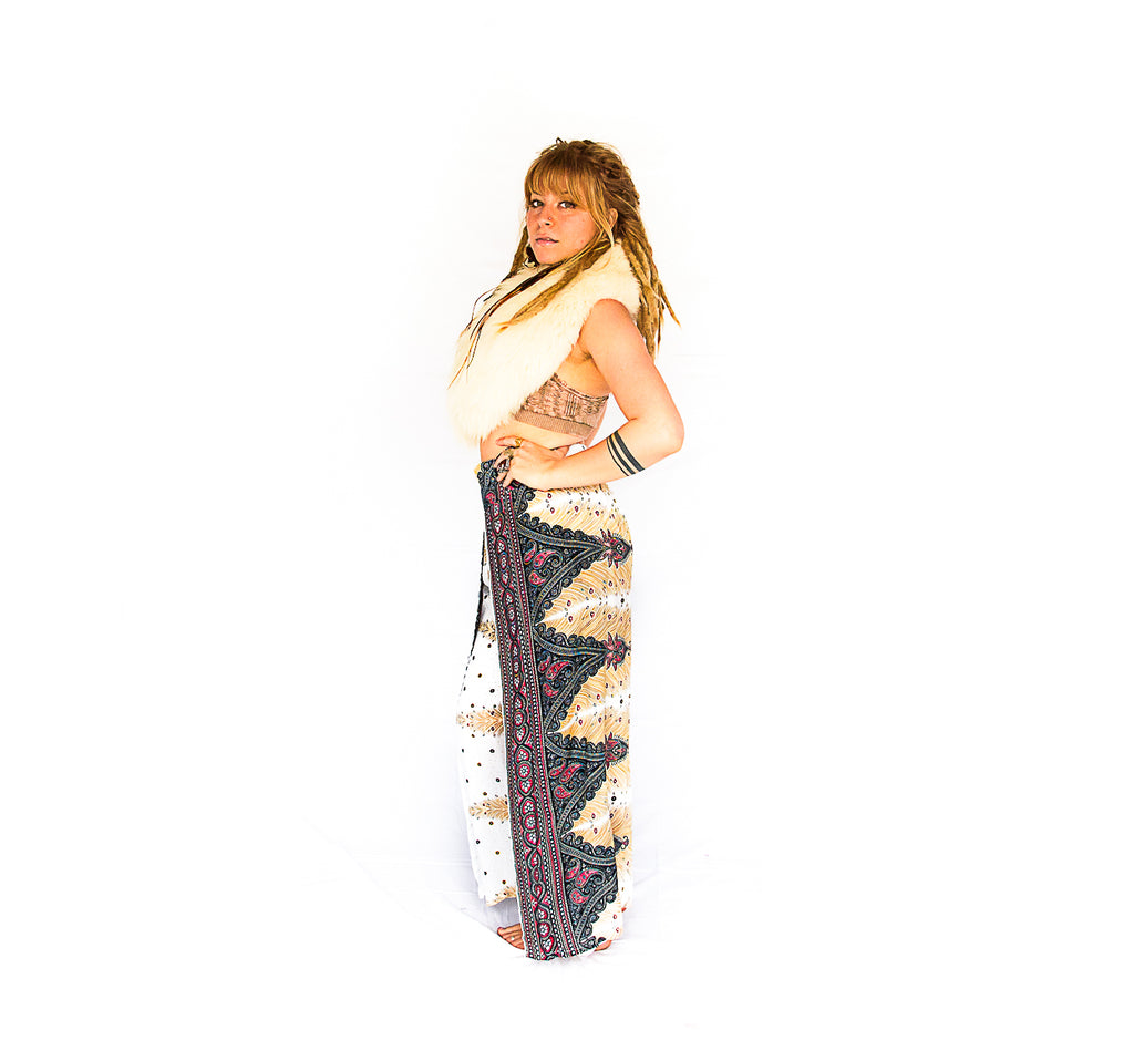 Feather Design Open Leg Pants in White-The High Thai-The High Thai-Yoga Pants-Harem Pants-Hippie Clothing-San Diego