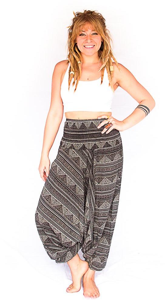Women's Low Cut Harem Pants in Tribal Grey-The High Thai-The High Thai-Yoga Pants-Harem Pants-Hippie Clothing-San Diego
