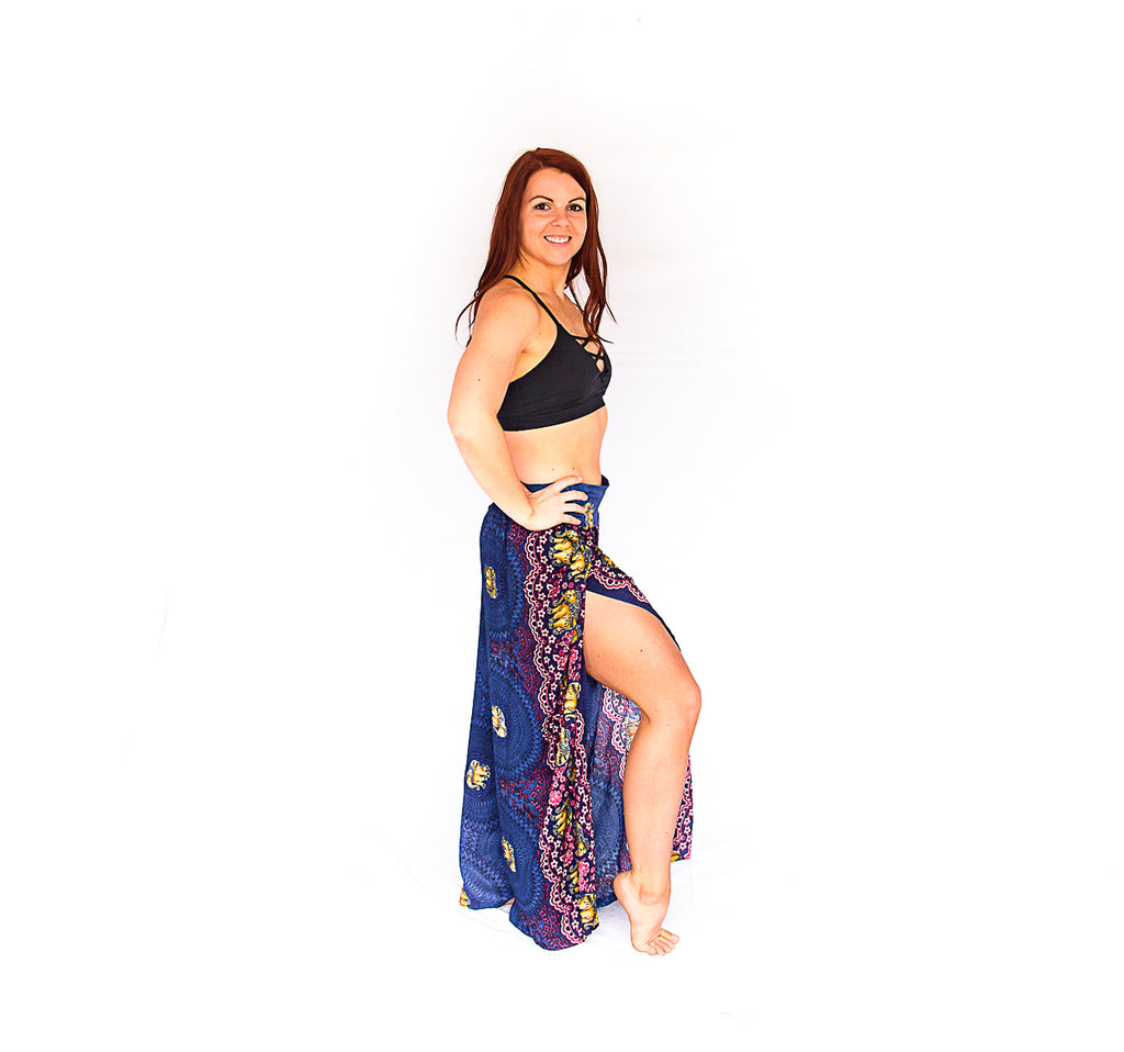 Elephant Design Open Leg Pants in Blue-The High Thai-The High Thai-Yoga Pants-Harem Pants-Hippie Clothing-San Diego