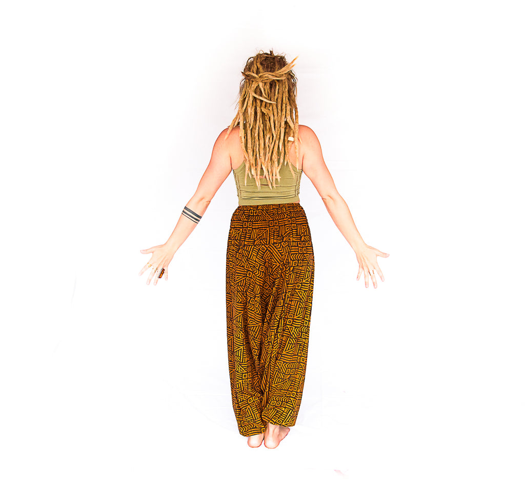 Women's Low Cut Harem Pants in Tribal Brown-The High Thai-The High Thai-Yoga Pants-Harem Pants-Hippie Clothing-San Diego